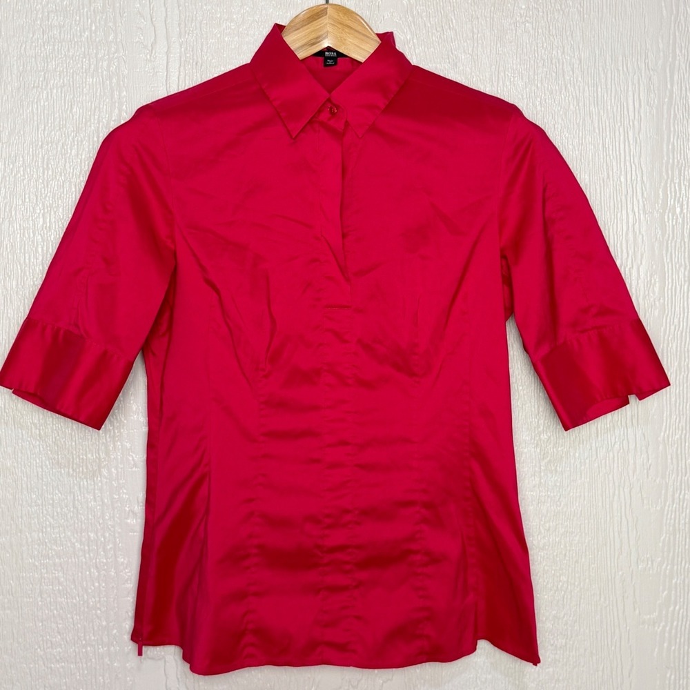 Hugo Boss Red Short Sleeve Blouse Side Zip Tailored Professional Top